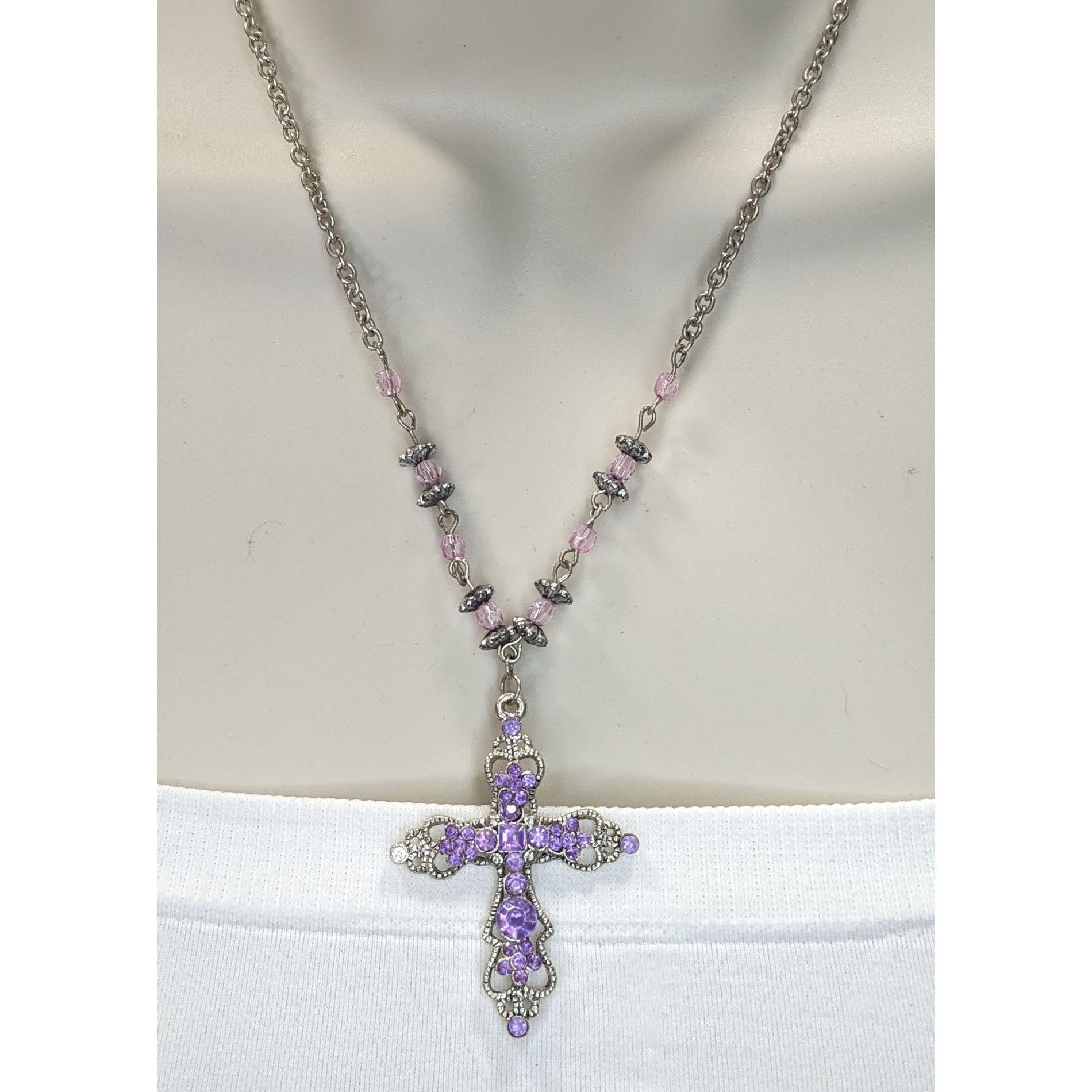 Other Pastel Goth Purple Rhinestone Cross Necklace With Beaded Cha Size ONE SIZE - 1 Thumbnail