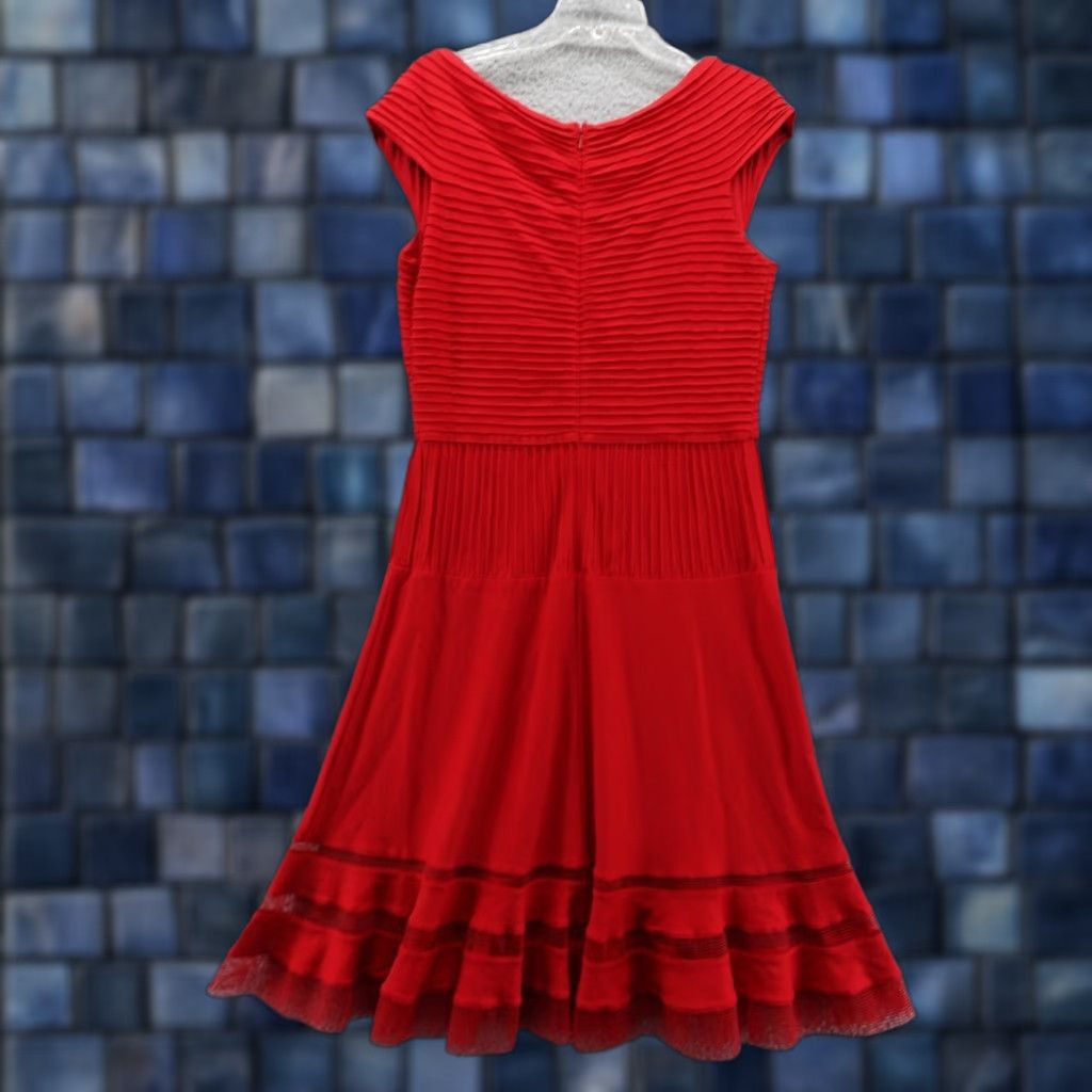 Tadashi Shoji Amata Pintuck Jersey Dress XL Red Womens Fit & Flare Cap Sleeve Dress