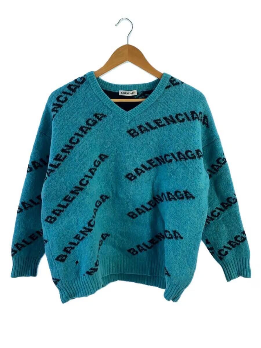 image of Balenciaga Aw18 Jacquard Logo V Neck Wool Sweater in Blue, Women's (Size XS)