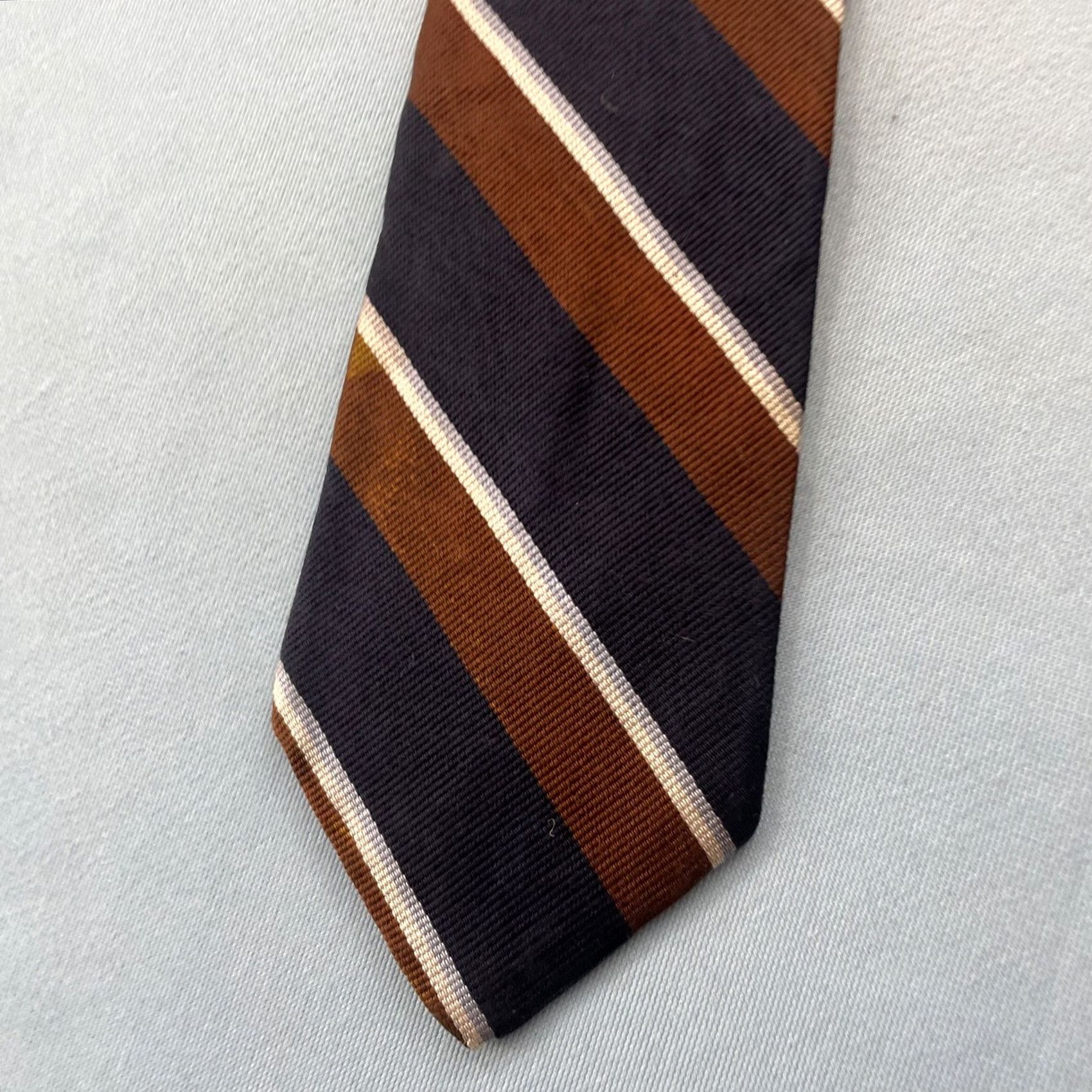 Vintage VINTAGE Pauline Trigère Silk Repp Tie Striped Navy Brown White 60" 3.2" Tie Mens 70s Designer Capstone Capsule Neckwear Size ONE SIZE - 2 Thumbnail