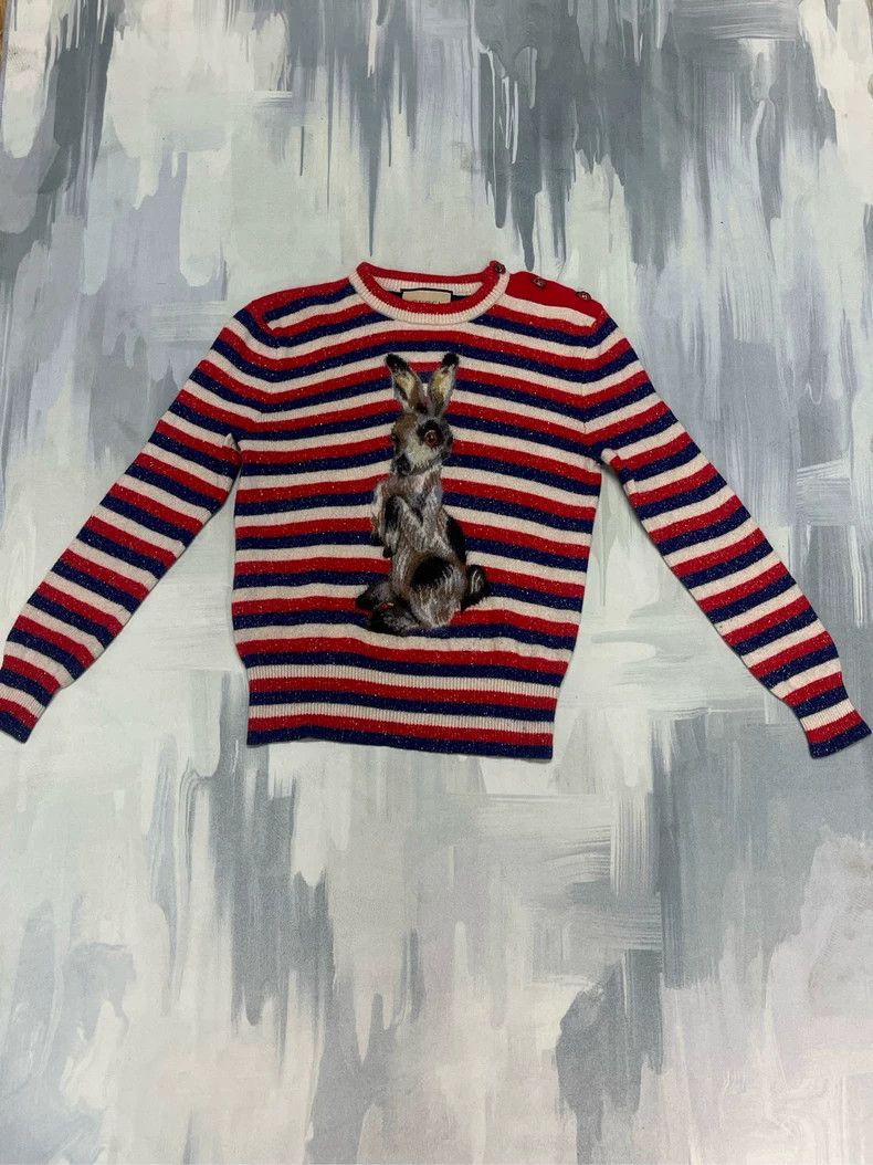 Gucci Gucci Striped rabbit embroidered round-neck wool sweater Size M / US 6-8 / IT 42-44 - 1 Thumbnail