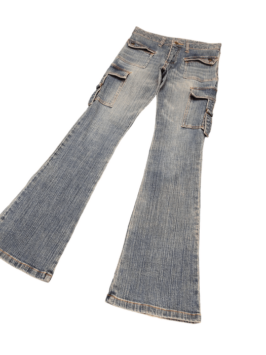 Y2K Low Rise Cargo Flare Jeans - Acid Wash Blue