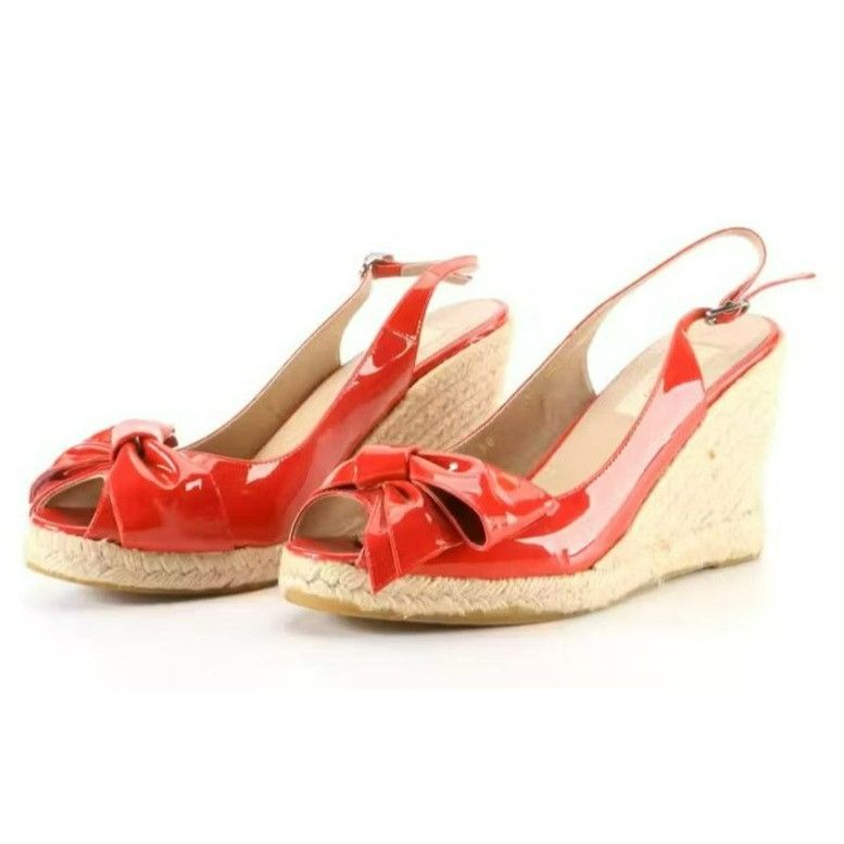 image of Womens Valentino Red Patent Leather Mena Bow Peep Toe Espadr Shoes in Red Cream (Size 8)