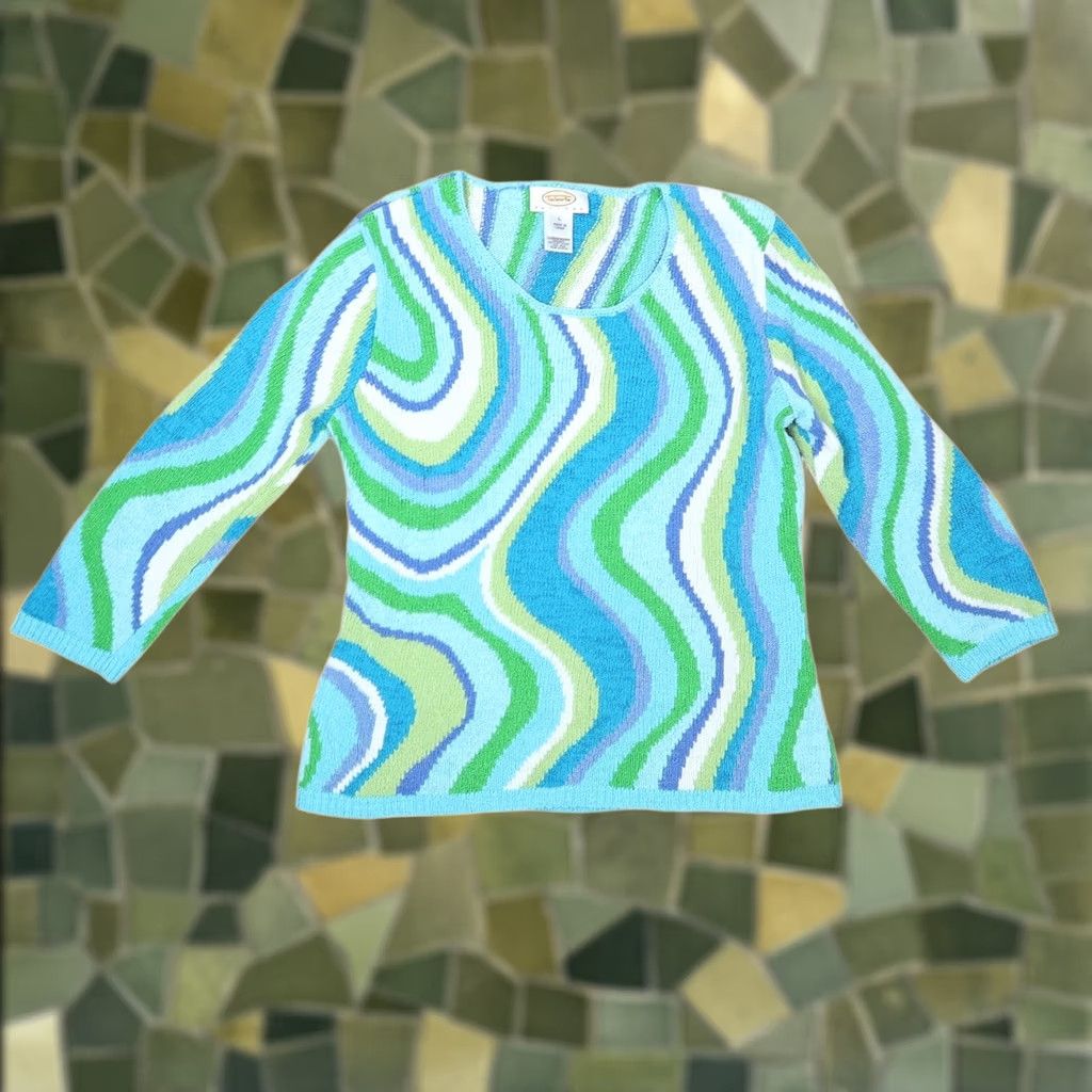 Talbots VINTAGE Talbots Knit Sweater L Adult Blue Green Swirl Design 1990s Mens Womens Girls Boys Size L / US 10 / IT 46 - 1 Thumbnail