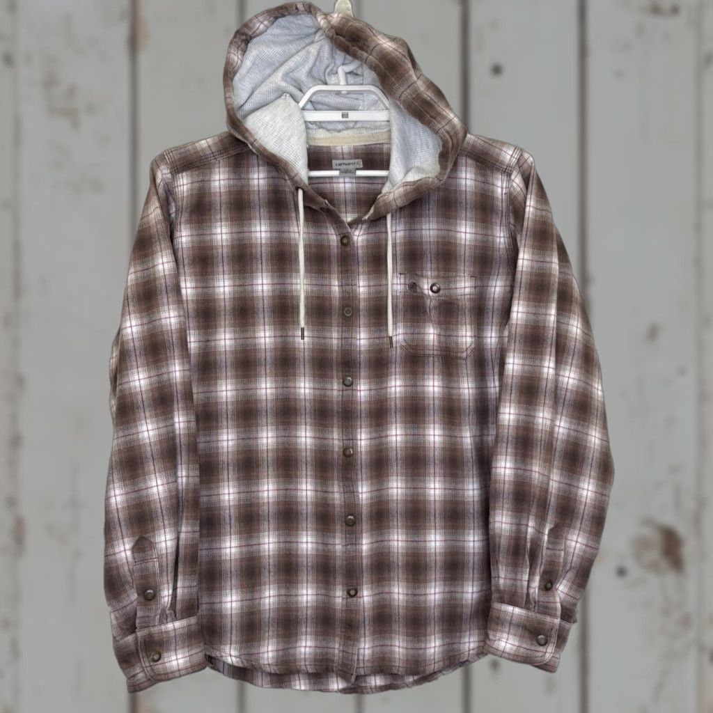 Carhartt VINTAGE Carhartt Hooded Snap Front Lightweight Flannel Shirt Top Brown Plaid Women’s Large 12/14 Long Sleeve Outdoor Workwear Size L / US 10 / IT 46 - 1 Thumbnail