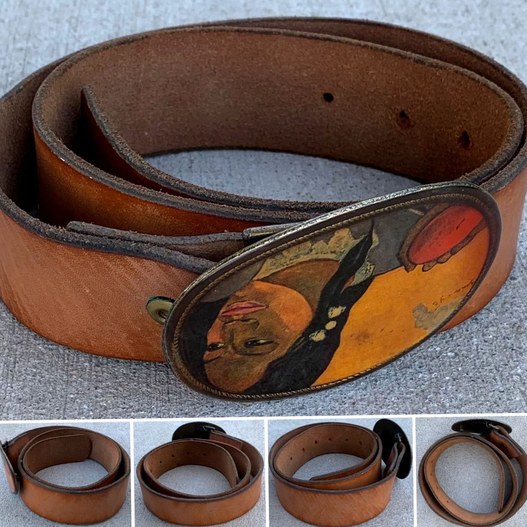 Vintage vtg 1970s brass belt buckle on leather belt portrait of woman western boho USA Belt Buckle Leather Size ONE SIZE - 4 Thumbnail