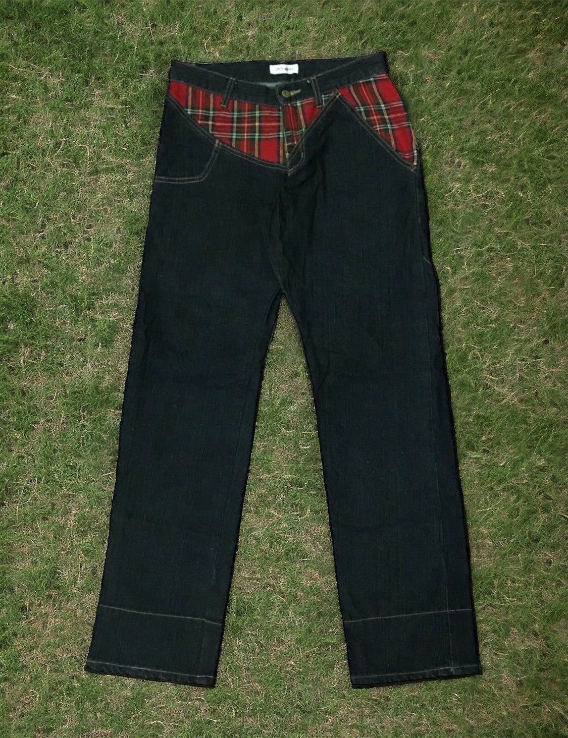 image of Avant Garde x Jnco Open Arm Japan Jeans Swirl Tartan Pocket Streetwear Outfits in Denim Flannel (Si