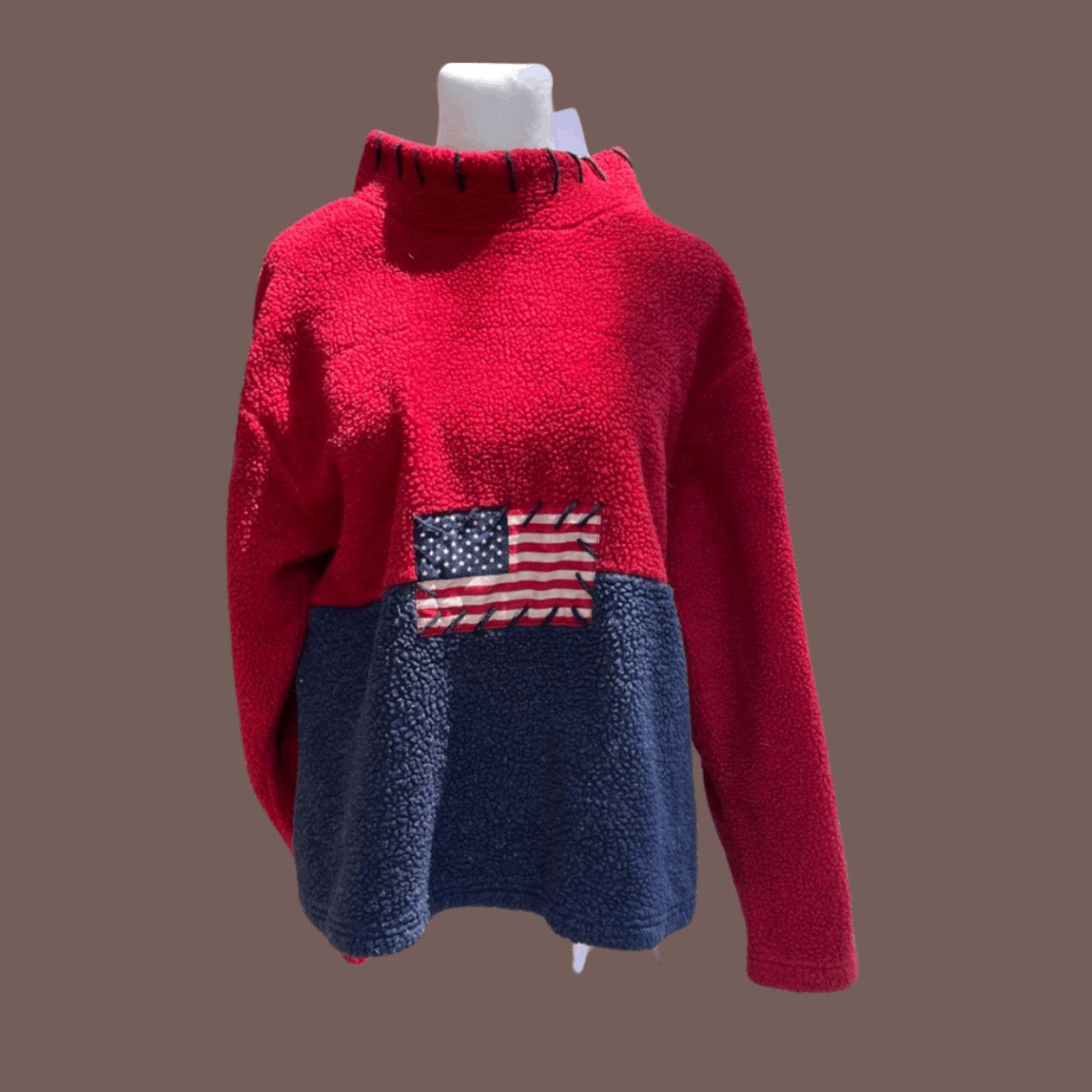 Vintage Retro Flag Fleece | Real Comfort Red Blue Cotton | Americana Size M / US 6-8 / IT 42-44 - 1 Thumbnail