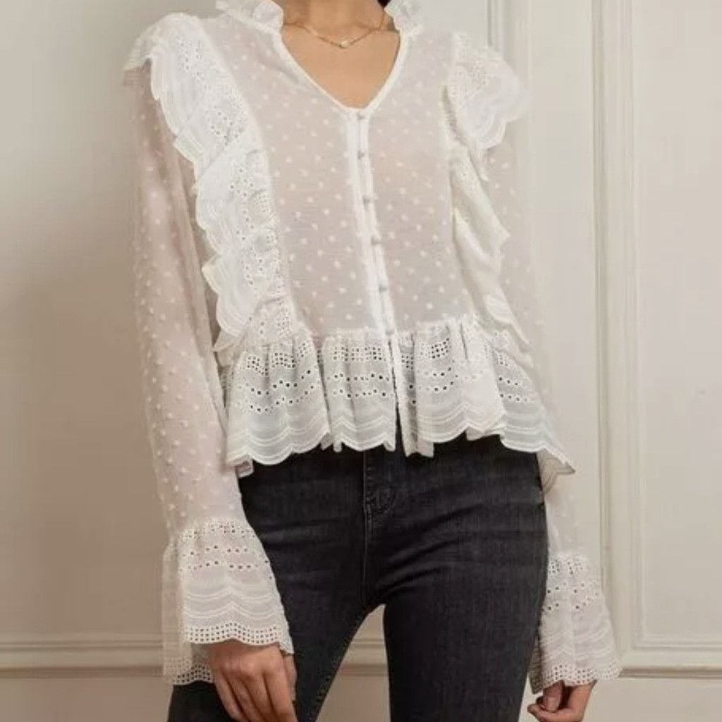 Other 70°F/21°C White Ruffled Peplum Blouse with Bib Collar Size S / US 4 / IT 40 - 1 Thumbnail