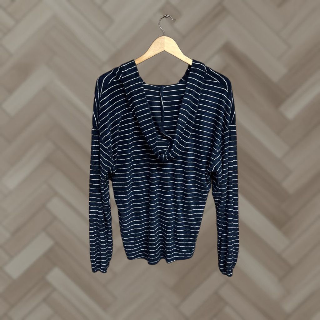Vintage Soma Hoodie Women Navy Blue Striped Terry V-Neck Pullover Size L Size L / US 10 / IT 46 - 1 Thumbnail
