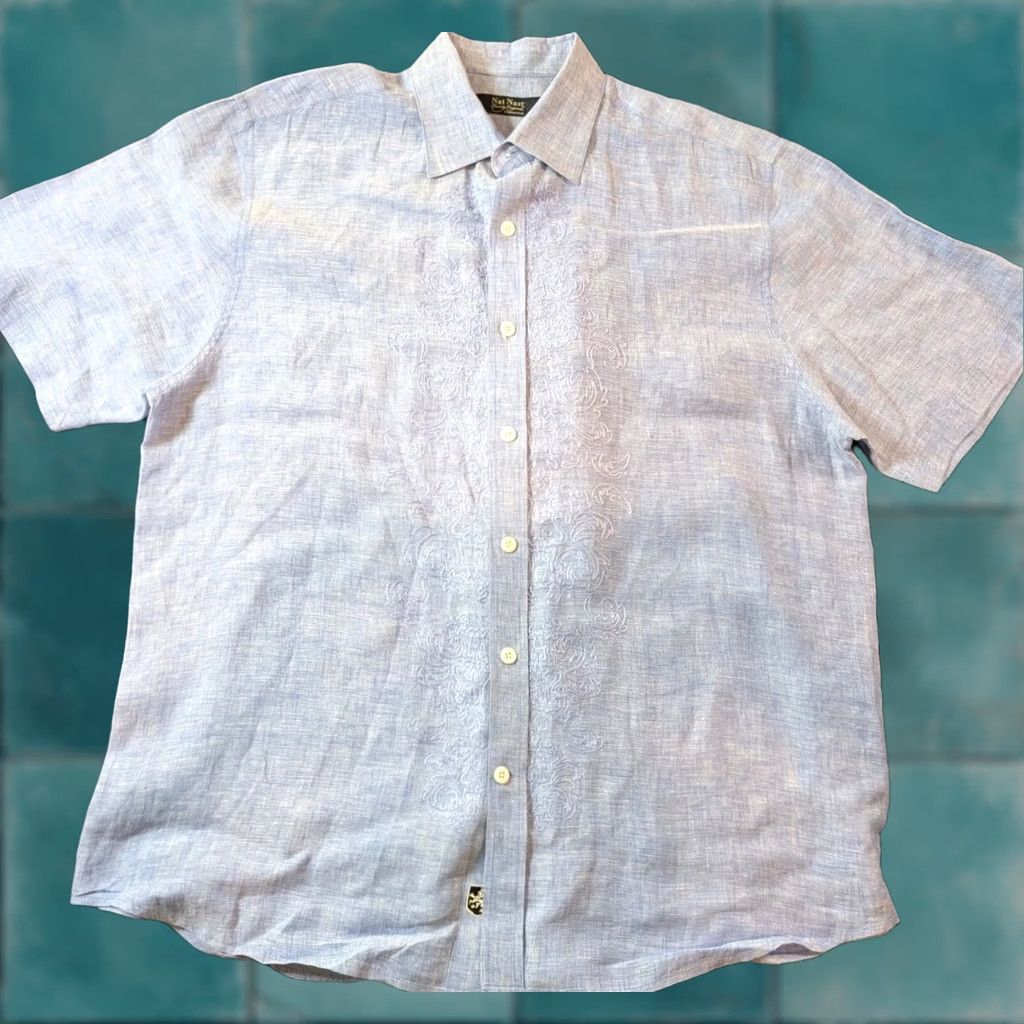 Nat Nast Nat Nast Button-Up Linen Embroidered Blue Men's L Shirt Casual, Rockabilly, Preppy, Vintage? No? Nat Nast Luxury Originals Size US L / EU 52-54 / 3 - 1 Thumbnail
