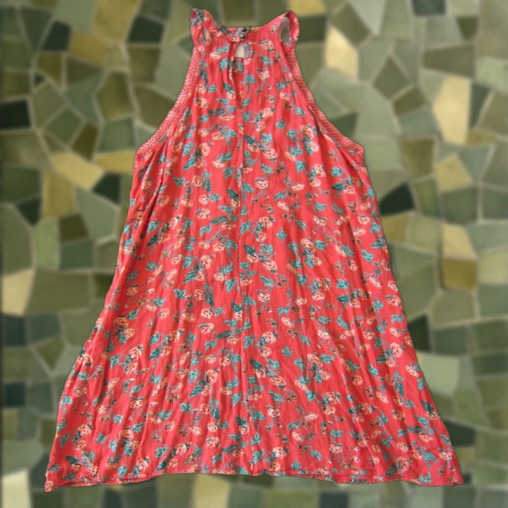 Vintage Angie Dress Womens S Pink 100% Rayon Floral Rose Green High Neck Tunic Tank Sun Dress Small Size S / US 4 / IT 40 - 1 Thumbnail
