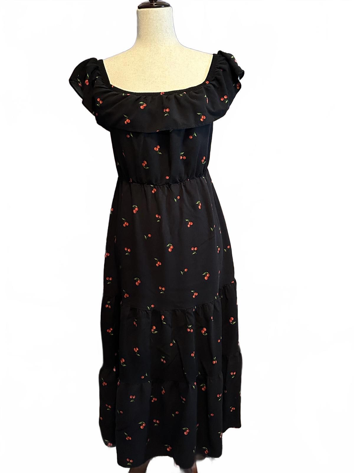 Other Soprano Black Dress with Cherry Print and Ruffled Neckline Size L / US 10 / IT 46 - 1 Thumbnail