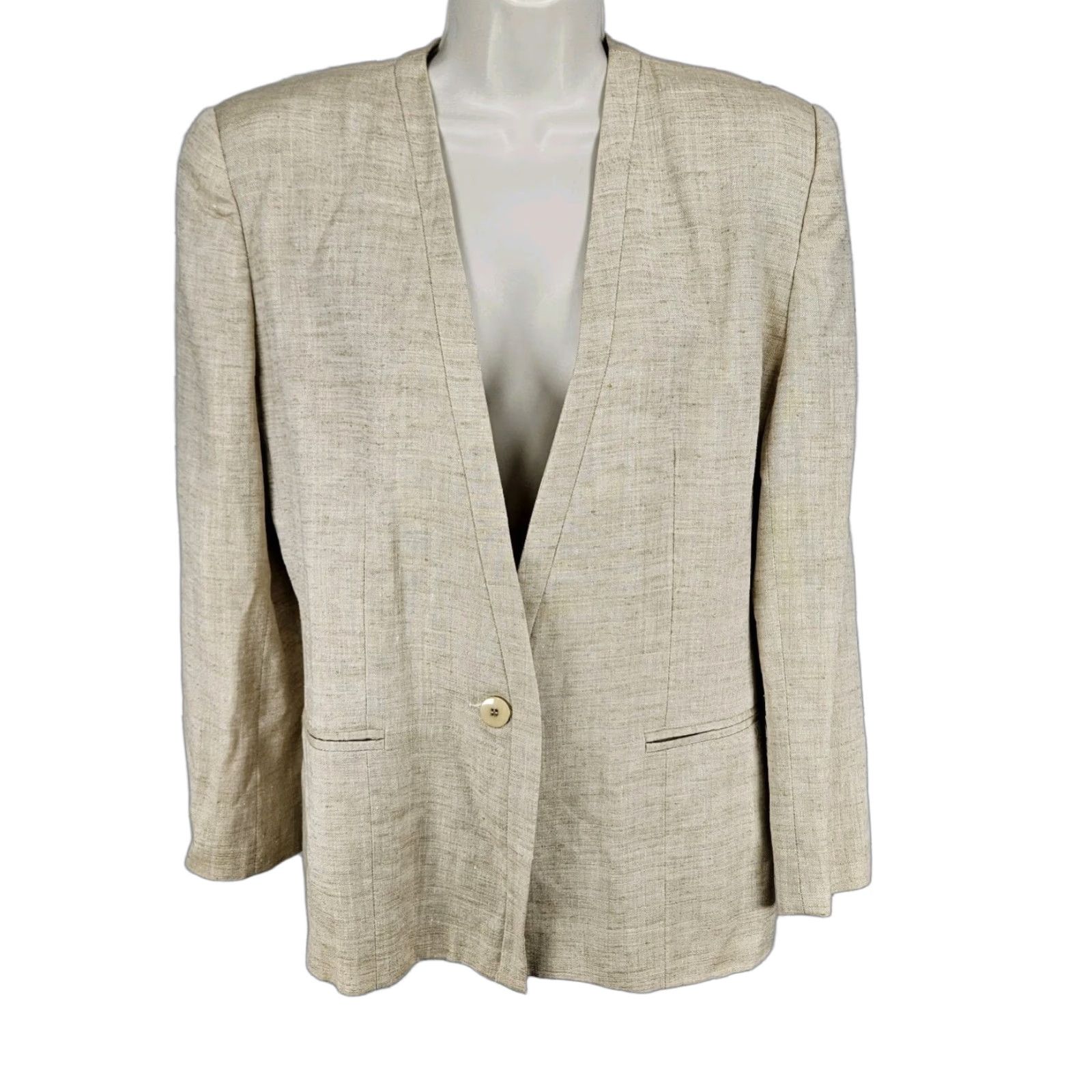Vintage VINTAGE Gianni Sport Blazer Jacket Women 10 One-Button Beige Linen Blend Single-Breasted Regular Sleeves Long Sleeve Classic Size L / US 10 / IT 46 - 1 Thumbnail