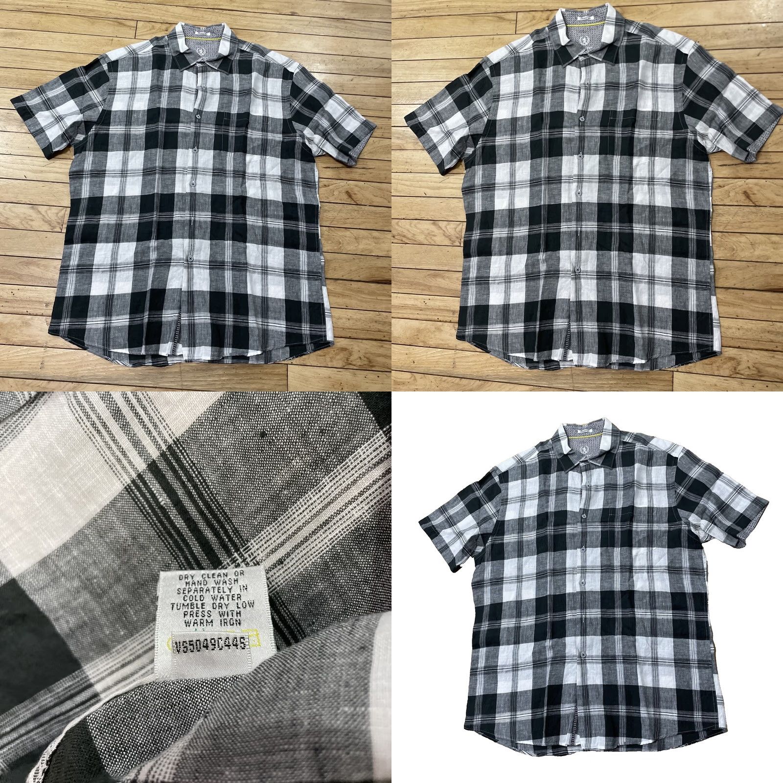 BUGATCHI BUGATCHI UOMO Shaped Fit Linen Shirt Men L Black White Checkered Plaid Collared Shirt Size US L / EU 52-54 / 3 - 11 Thumbnail