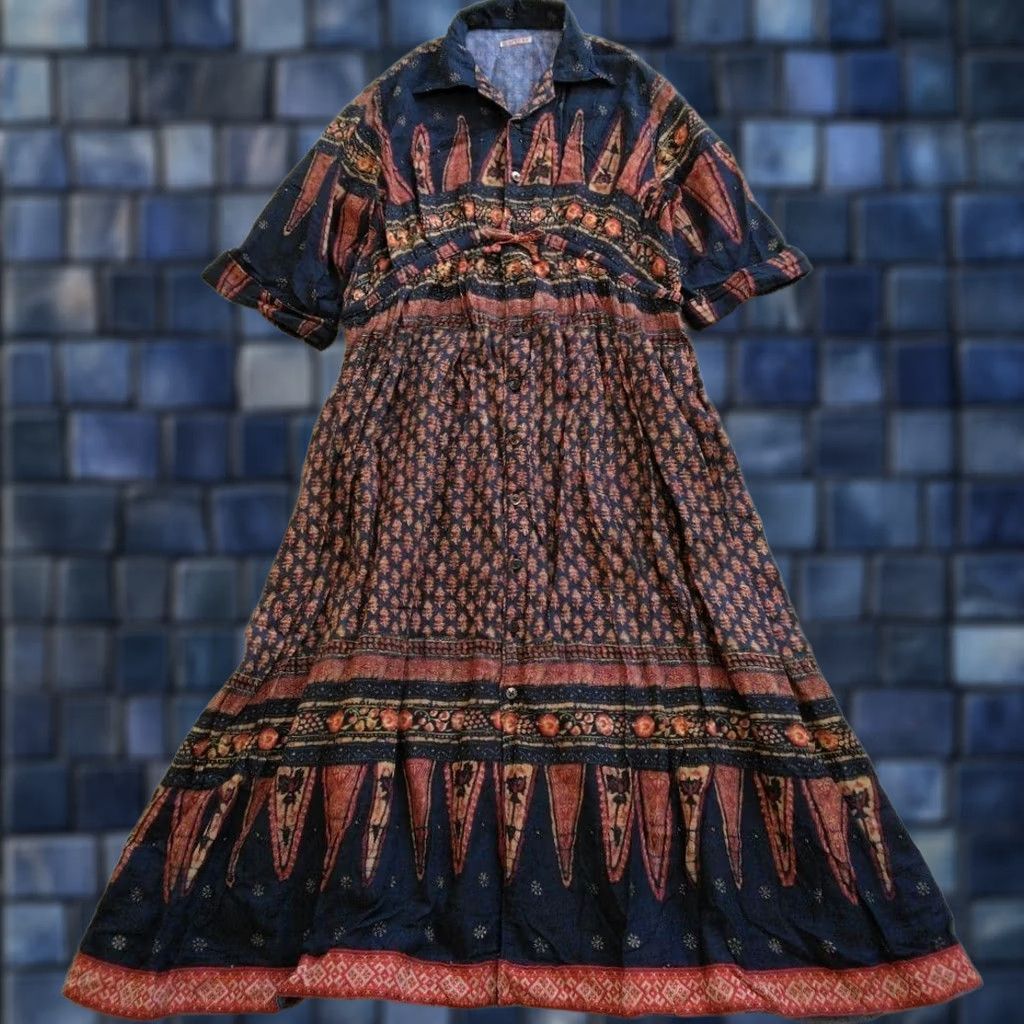 Kapital KAPITAL Cotton Dress Short Sleeve XS Navy×Orange Native Pattern Ladies Size 26" / US 2 / IT 38 - 1 Thumbnail