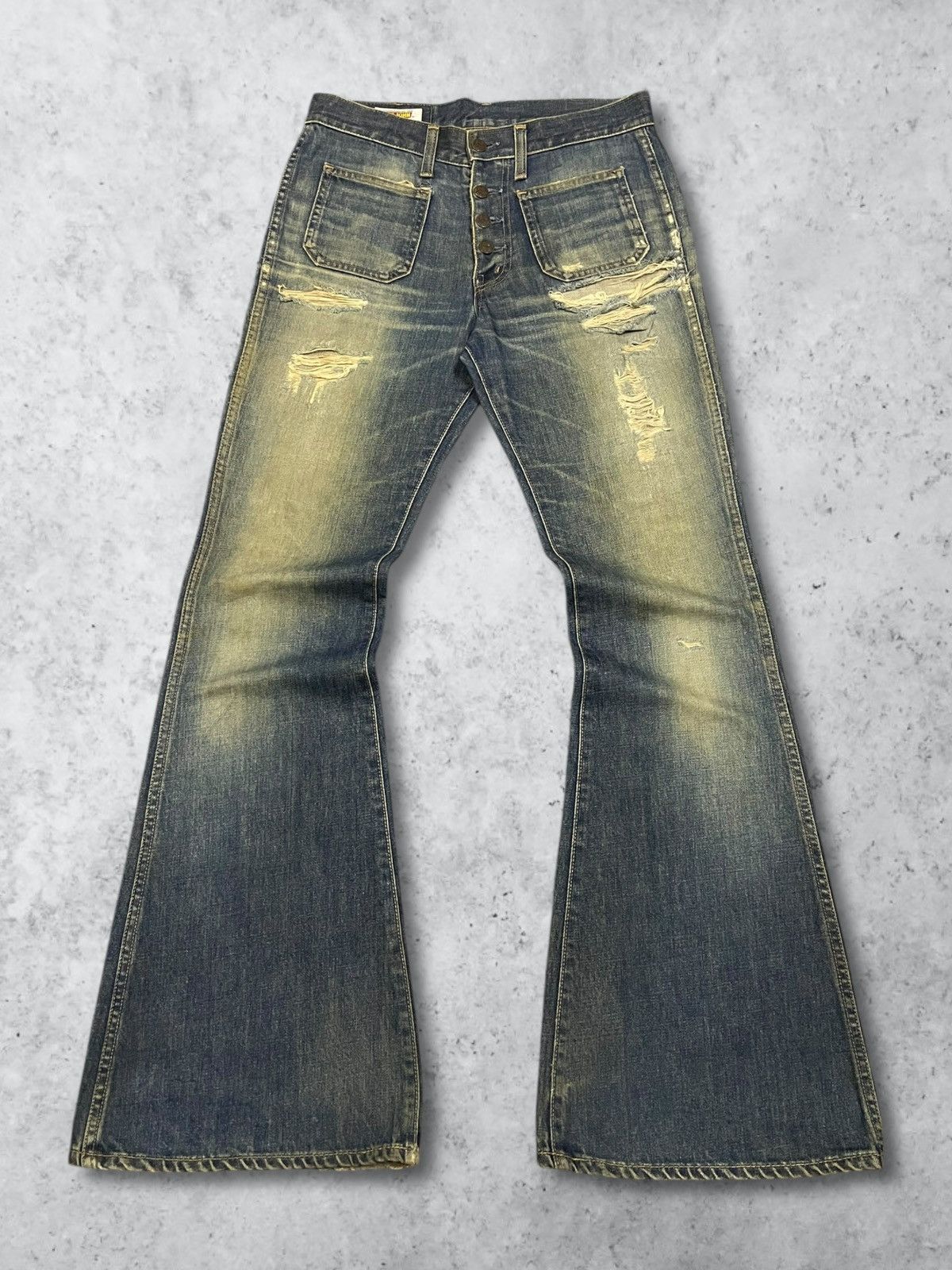 Big John Vintage Big John Distressed Mud Wash Flare Bush Button Jeans Size 30" / US 8 / IT 44 - 5 Thumbnail