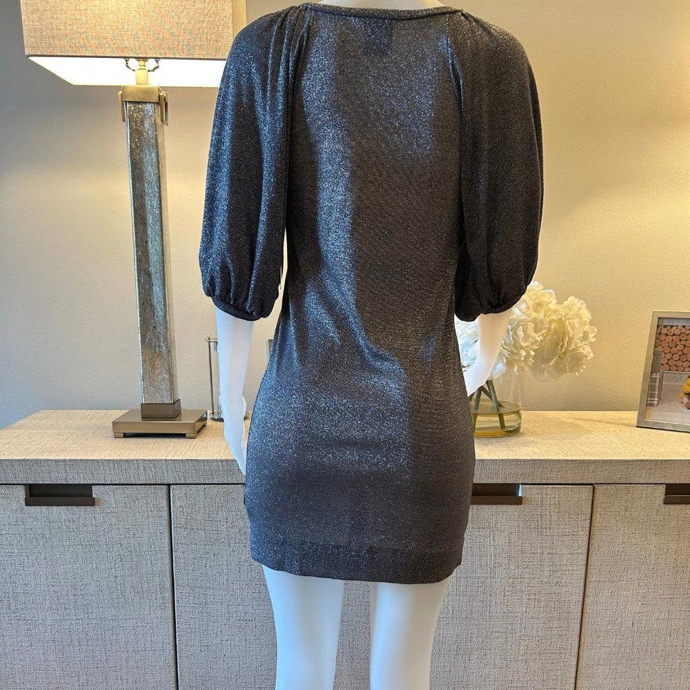Designer Karlie Silver Metallic Mini Dress with Puffed Sleeves Size S / US 4 / IT 40 - 7 Thumbnail