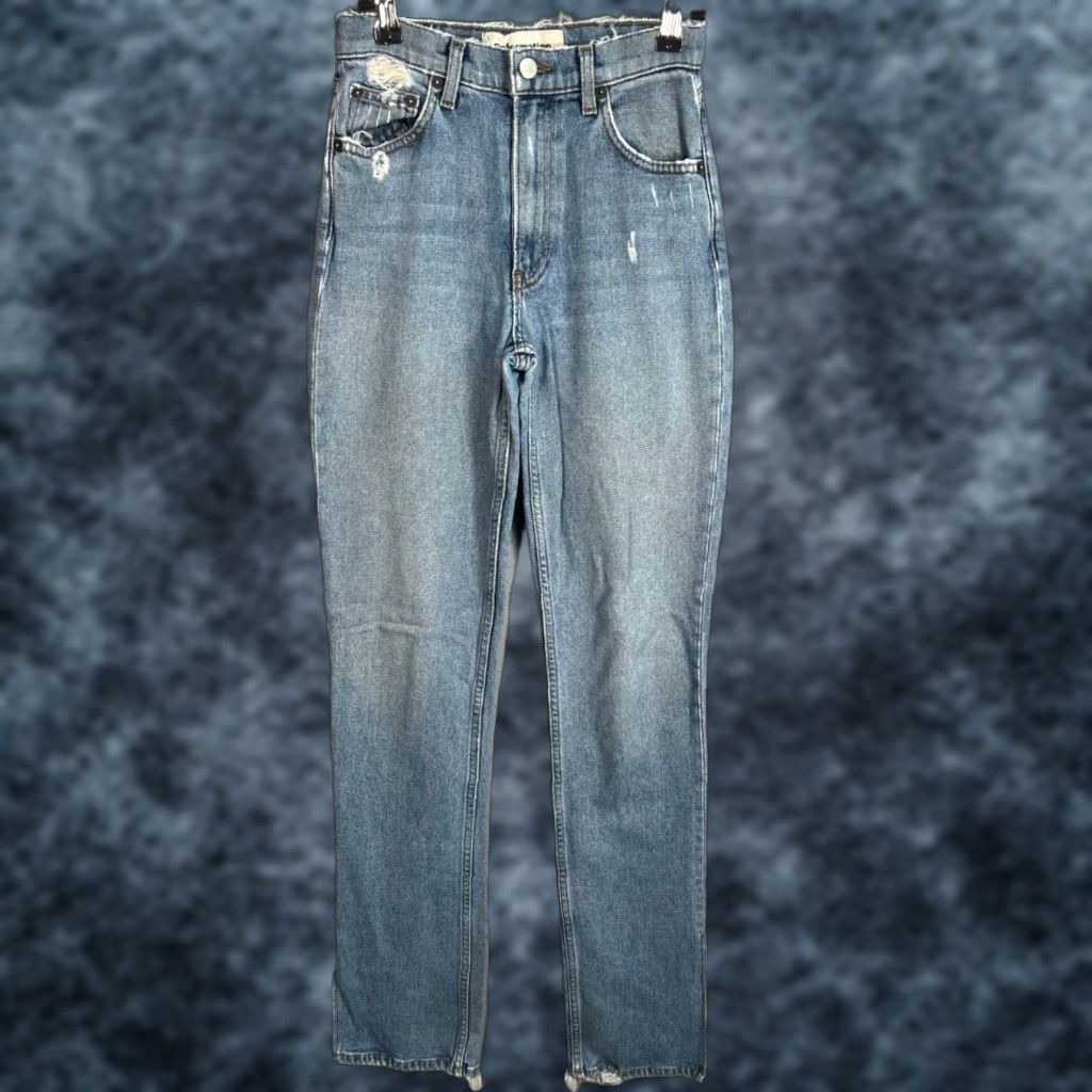 Reformation Jeans Perri Denim Distressed Blue 23 High-Rise Womens Straight Jeans