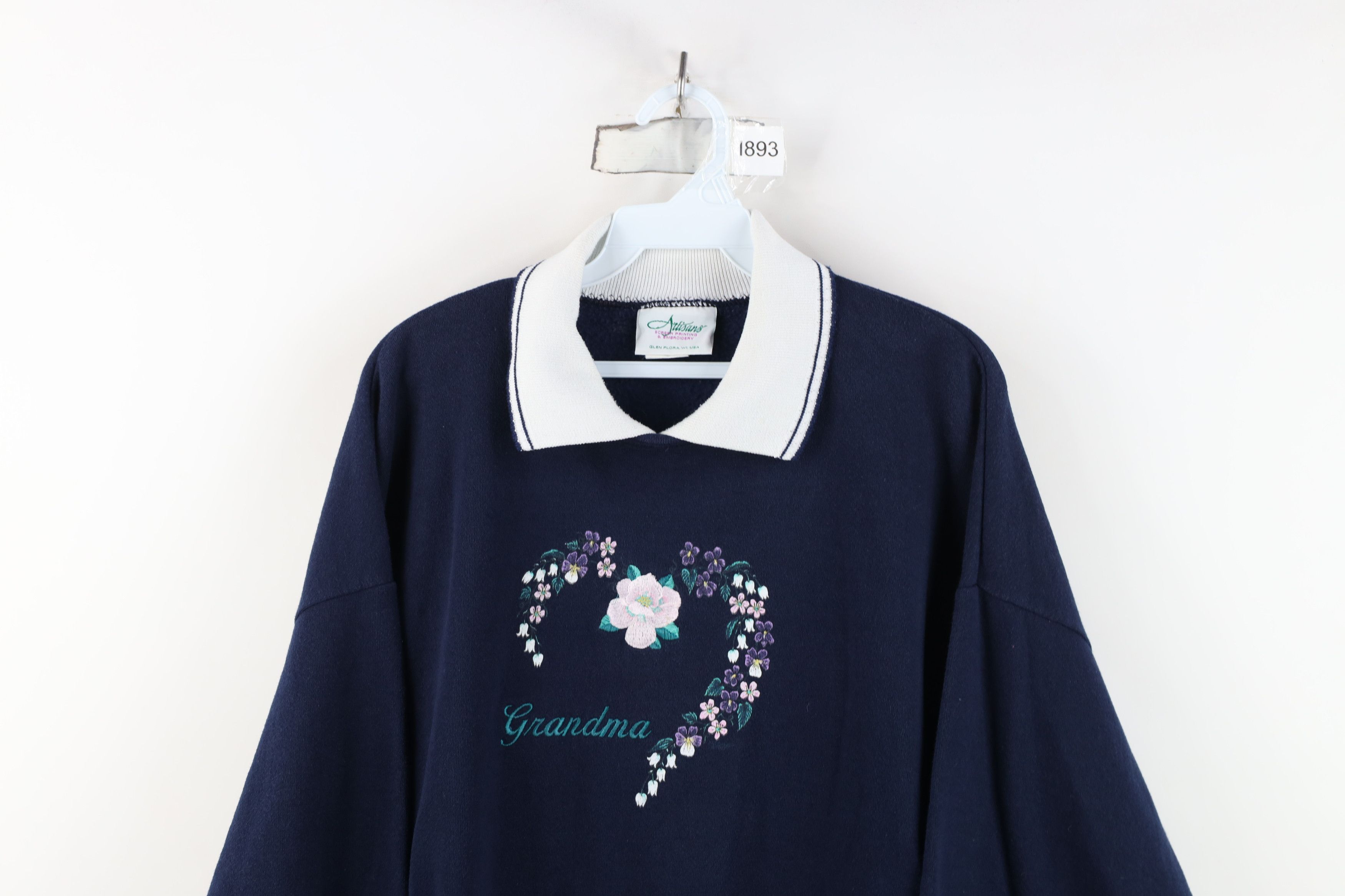 Vintage Vintage 90s Grandma Heart Collared Sweatshirt Blue USA Size XXL / US 16-18 / IT 52-54 - 2 Thumbnail