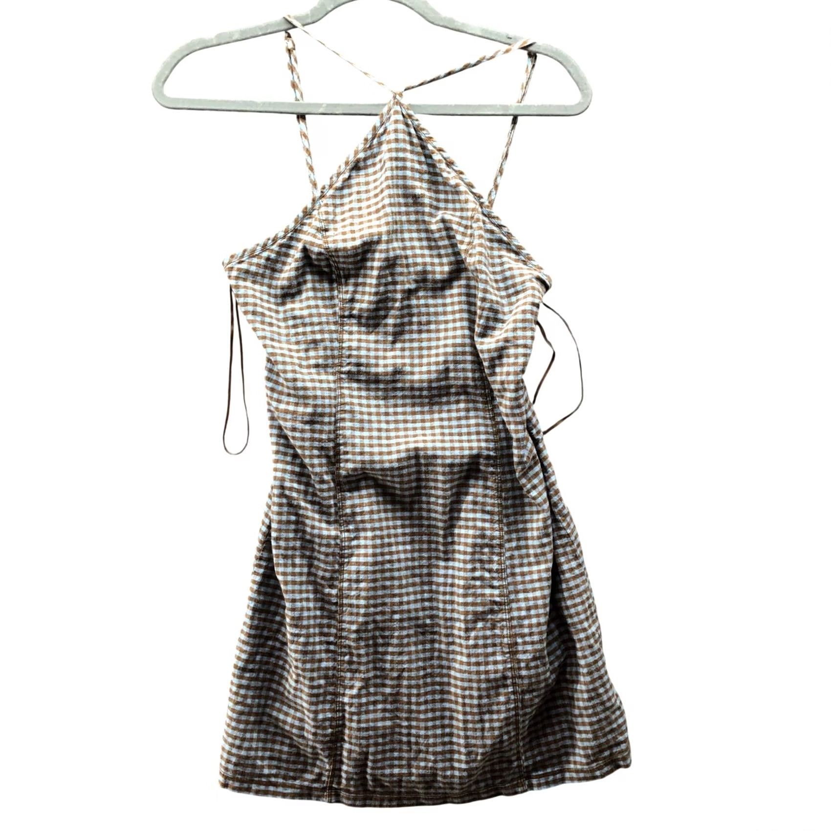 Urban Outfitters VINTAGE? No. Urban Outfitters BDG Gingham Halter Mini Dress Womens M Linen Blend Blue Brown Size M / US 6-8 / IT 42-44 - 2 Thumbnail