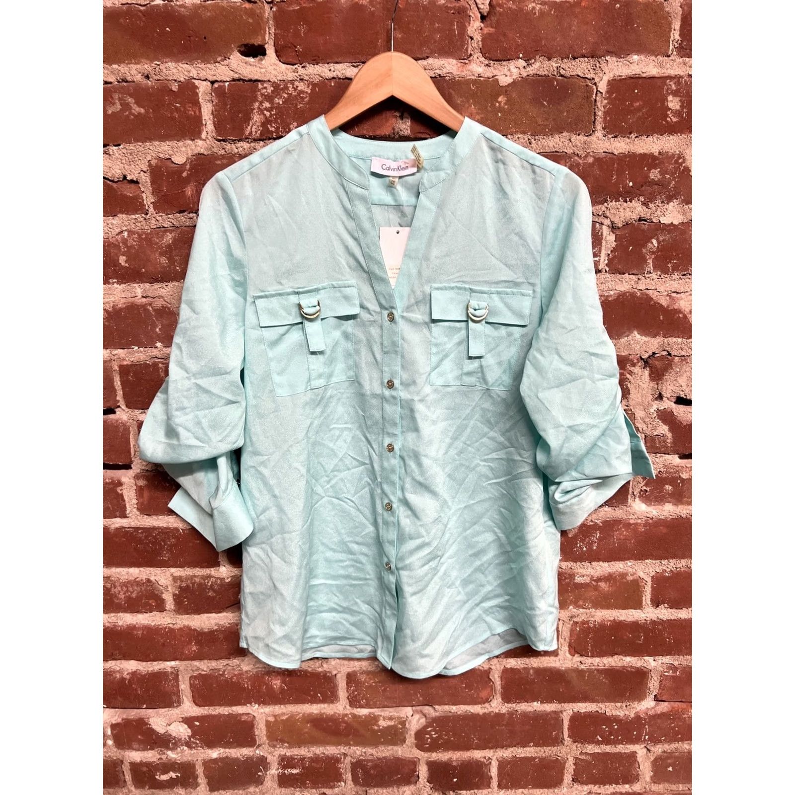 Calvin Klein Calvin Klein Women's Petite Medium NWT Green Button Up Shirt Long Sleeve Mock Turtleneck Casual Solid Polyester Lightweight Regular Logo Size M / US 6-8 / IT 42-44 - 2 Thumbnail
