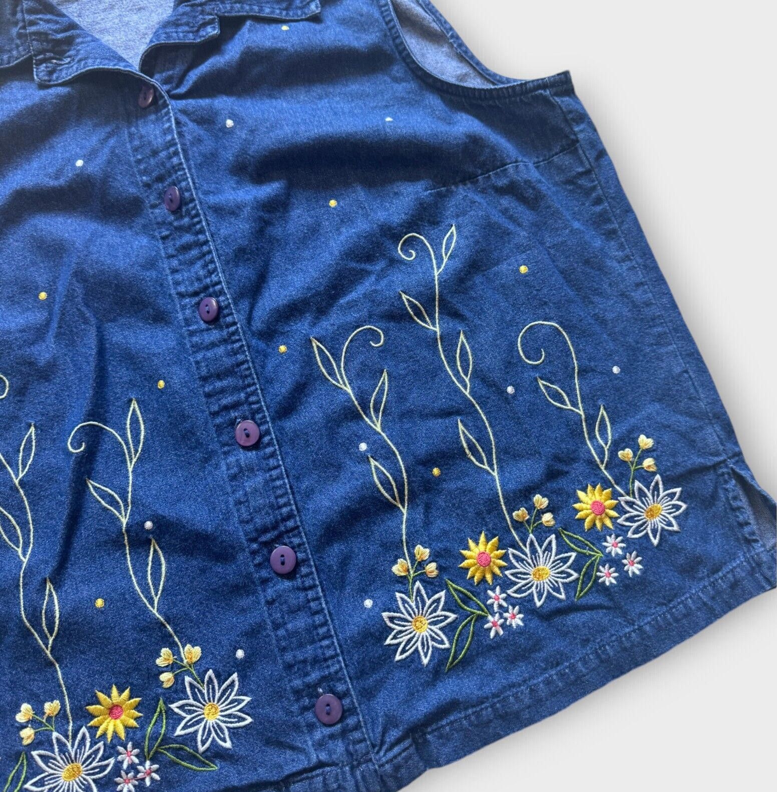 Designer Allison Daley 14P Denim Shirt Embroidered Flowers 90s Size XL / US 12-14 / IT 48-50 - 3 Thumbnail