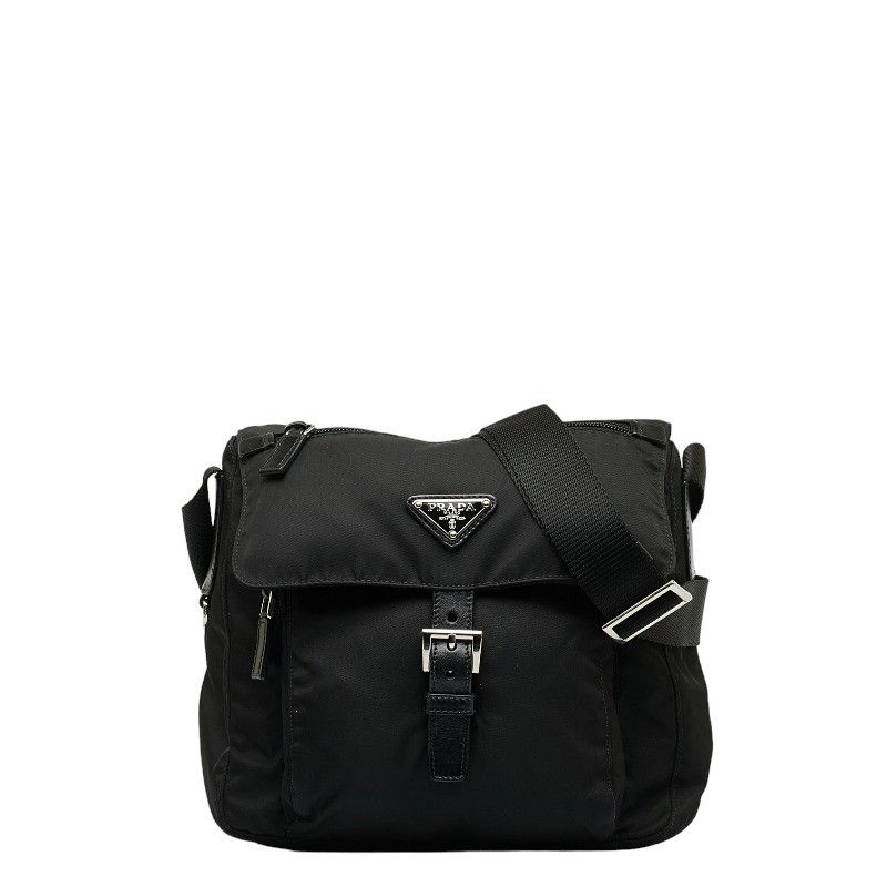 image of Prada Triangle Logo Plate Messenger Bag Crossbody Bag Black, Women's