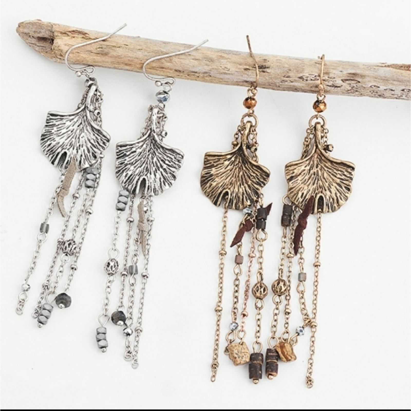 Handmade Leaf dangle jasper & hematite artisan made earrings silver Size ONE SIZE - 3 Thumbnail