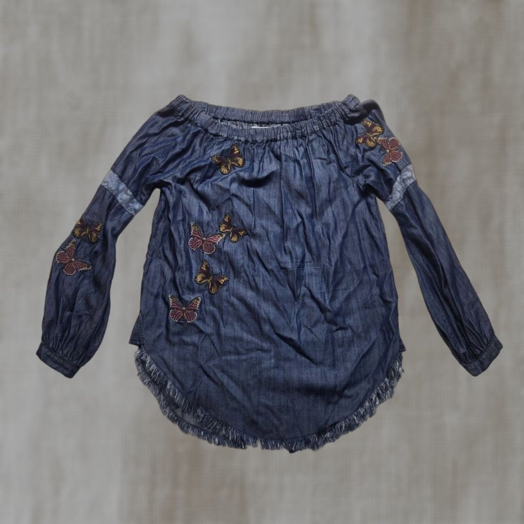 Vintage VINTAGE Standard Grace Blue Butterfly Embroidered Off the Shoulder Blouse Women Small Southwest Style Size S / US 4 / IT 40 - 1 Thumbnail