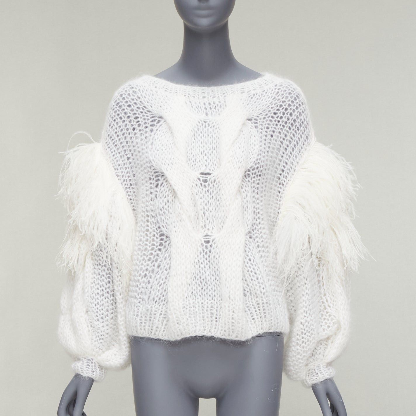 image of Loewe White Ostrich Feather Trim Mohair Loose Cable Knit Jumper Xs, Women's (Size Small)