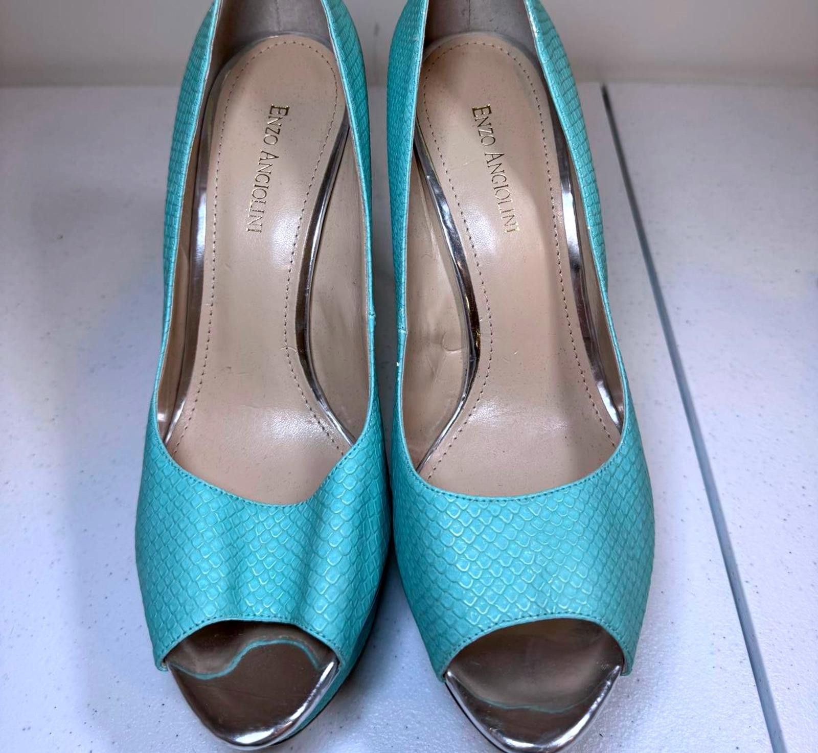 Designer Elegantly Chic Turquoise Peep-Toe Heels by E!z! Angiolini Size US 11 / IT 41 - 1 Thumbnail