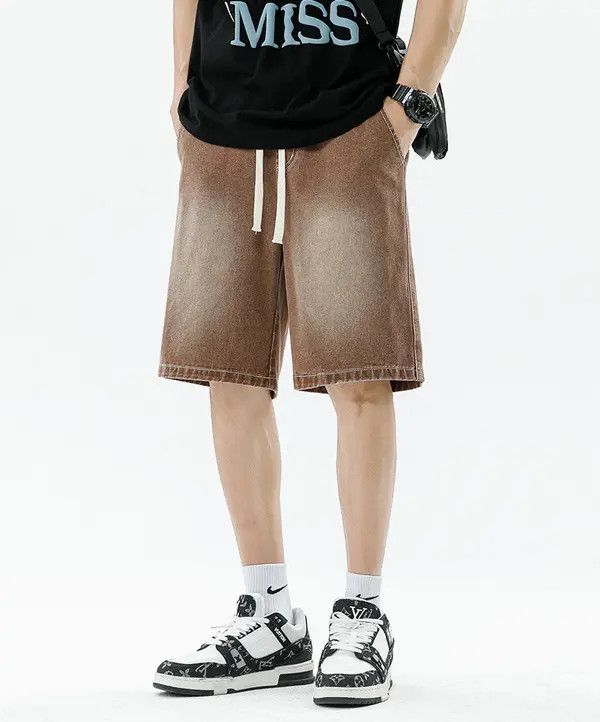 Japanese Brand Brown washed distressed loose straight casual denim shorts Size US 32 / EU 48 - 3 Thumbnail