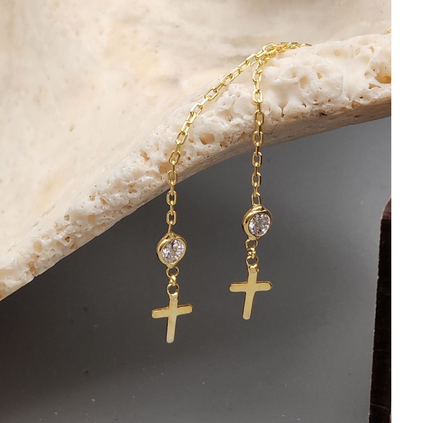 Other 925 Sterling Silver Cross Threader Earrings with Stones Size ONE SIZE - 2 Thumbnail