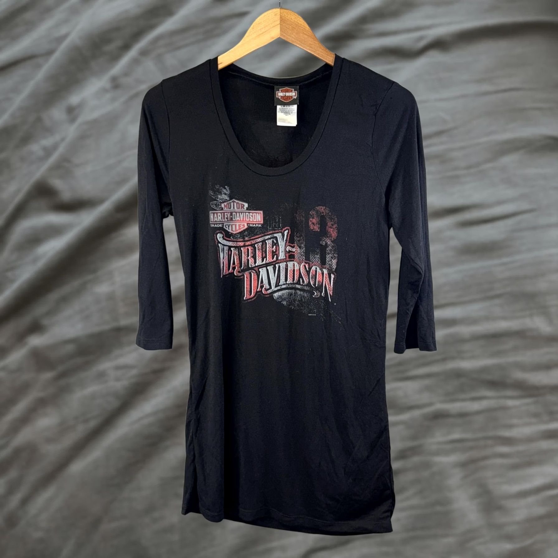 Harley Davidson VINTAGE Harley-Davidson Shirt Womens Large Black Scoop Neck 3/4 Sleeve Graphic Made USA Size L / US 10 / IT 46 - 1 Thumbnail