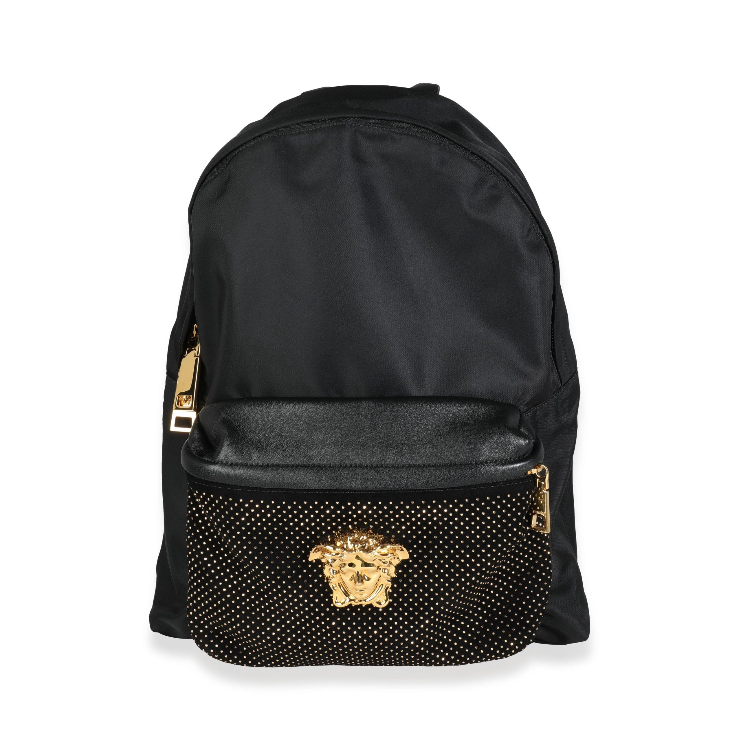 image of Versace Black Nylon & Black Goatskin Gold Studded Palazzo Medusa Backpack, Women's