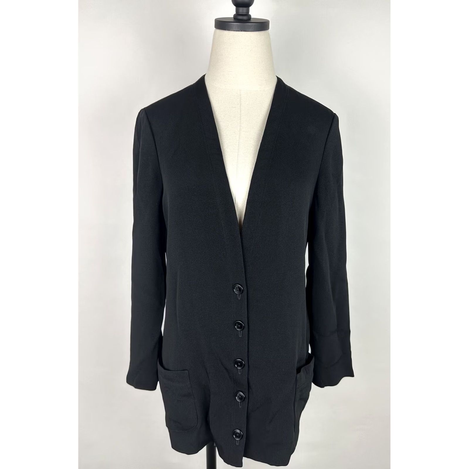 Anne Klein VINTAGE Anne Klein Jacket Womens S Black Rayon Crepe Short Sleeve Button Front 80s Preppy Retro Bohemian - Mens? Size S / US 4 / IT 40 - 2 Thumbnail