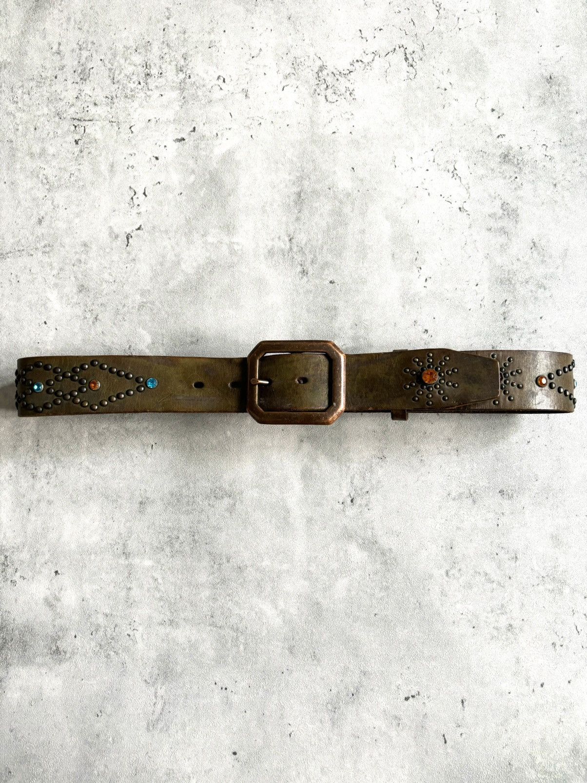 Japanese Brand Leather Design Blue&Orange Studded Belt Size 32 - 2 Thumbnail