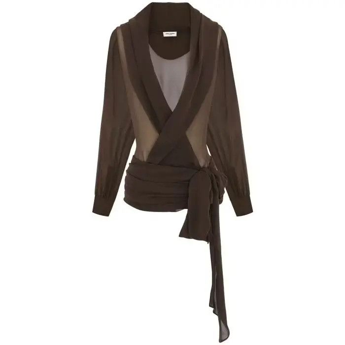 Saint Laurent Paris o1s1wg111124 Hooded Wrap Blouse Silk Muslin Crepe in Brown Size XS / US 0-2 / IT 36-38 - 2 Thumbnail