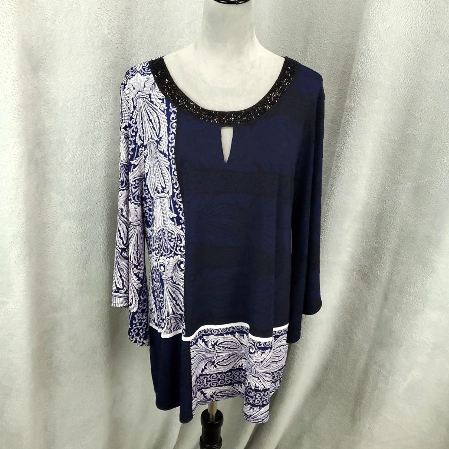 Alfani Womens Alfani Blouse Shirt Geometric Colorblock Blue Beaded V-Neck Long Sleeve XL Tunic Casual Womens Blouse Size XL / US 12-14 / IT 48-50 - 2 Thumbnail