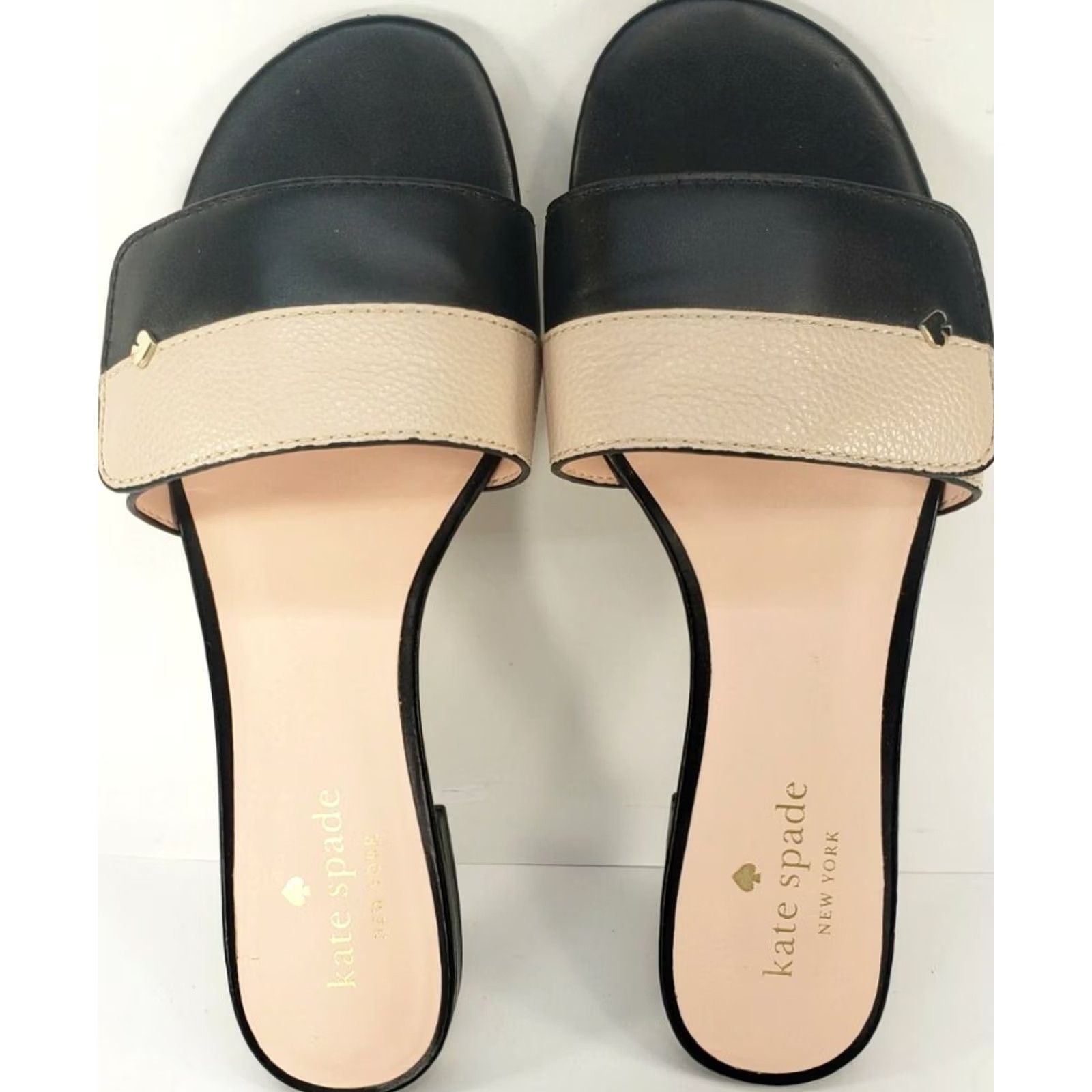 Vintage KATE SPADE 7.5B Slide Flat Sandals Pink Black Crossover Gold Ornaments Low Heel Womens Summer Dressy & Stylish Open Toe Leather Lined Slip On Casual Size US 8 / IT 38 - 6 Thumbnail