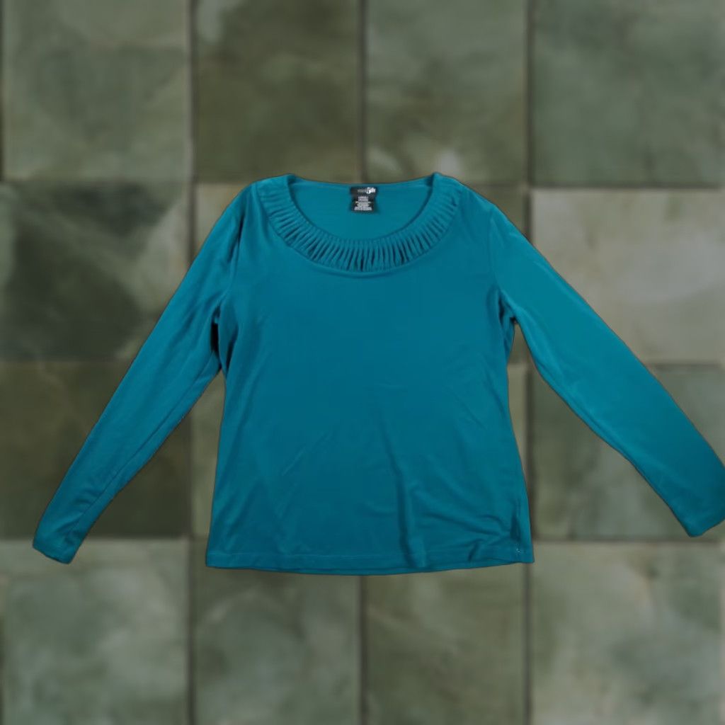 Altea East5th Top Womens L Teal Long Sleeve Pleated Scoop Neck Stretch Polyester Jacket? blouse? Size L / US 10 / IT 46 - 1 Thumbnail