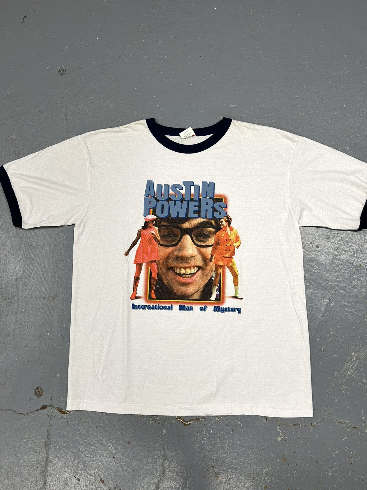 Image of Movie x Vintage Crazy Vintage Austin Powers White Graphic Ringer Tee Shirt, Men's (Size XL)