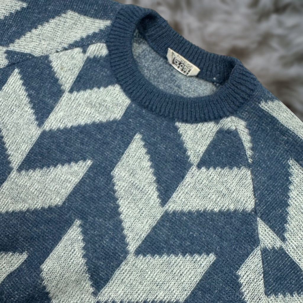 VINTAGE Jordan Marsh Wool Acrylic Blend Crewneck Sweater Geometric Blue Gray XL Mens