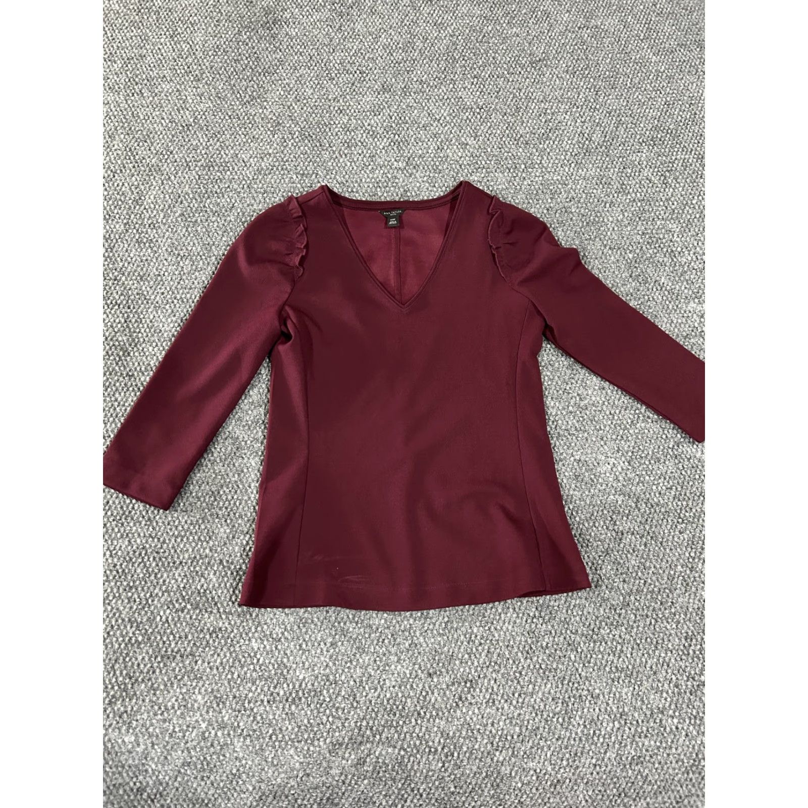 Ann Taylor Ann Taylor Petite Shirt Womens XXSP Burgundy V Neck Ruffle Sleeve Top Stretch Size XXS / US 00 / IT 34 - 2 Thumbnail