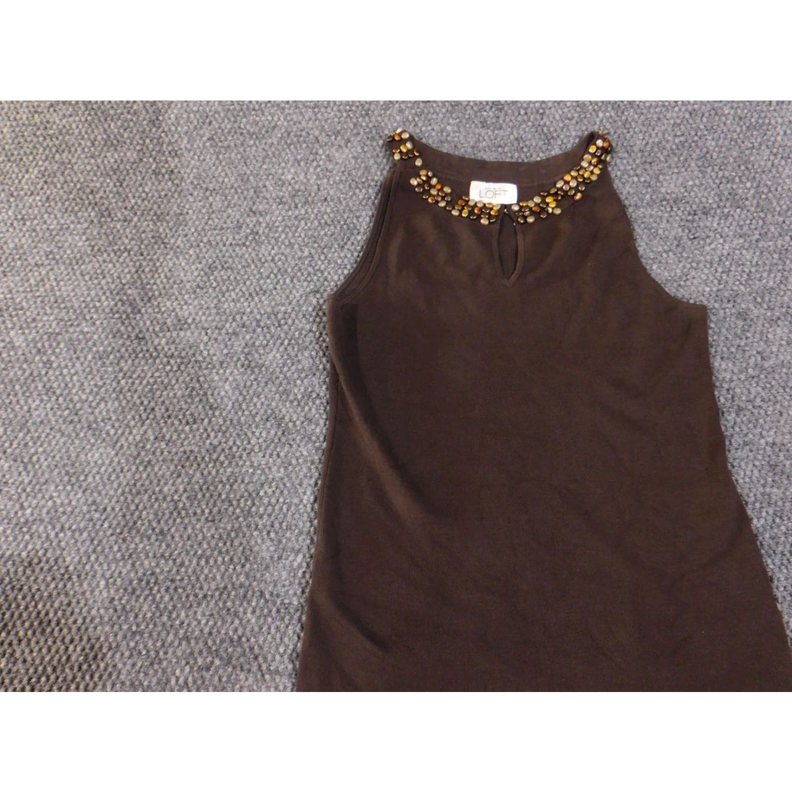 Loft VINTAGE Ann Taylor LOFT Tank Top Womens Small Brown Beaded Silk Blend Keyhole Neck Knit Size S / US 4 / IT 40 - 3 Thumbnail
