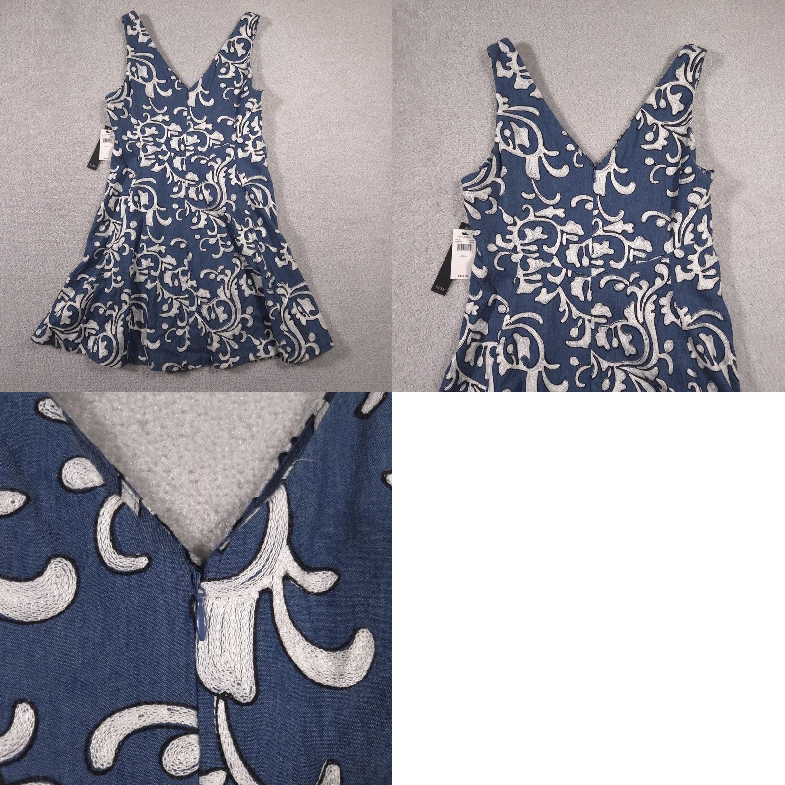 Nicole Miller Nicole Miller Dress Womens 10 Blue White Embroidered Fit & Flare Sleeveless V Neck Dress Size L / US 10 / IT 46 - 9 Thumbnail