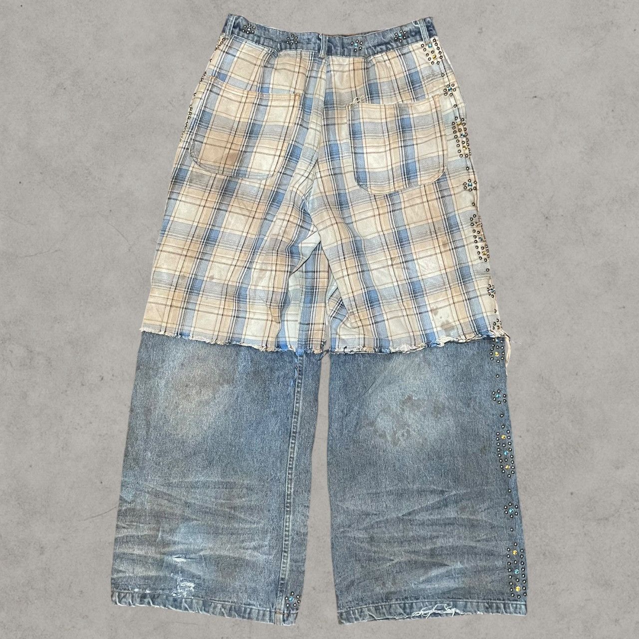 Vale Vale Distressed Worn Plaid Layer Wide Blue Leg Jeans Sz 30 Size US 30 / EU 46 - 2 Thumbnail