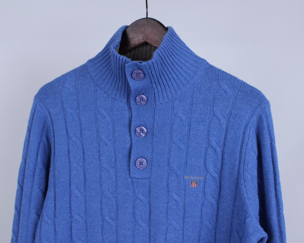 Gant GANT Lambs Wool Cable Knit Blue Button Sweater High Neck Size US M / EU 48-50 / 2 - 3 Thumbnail