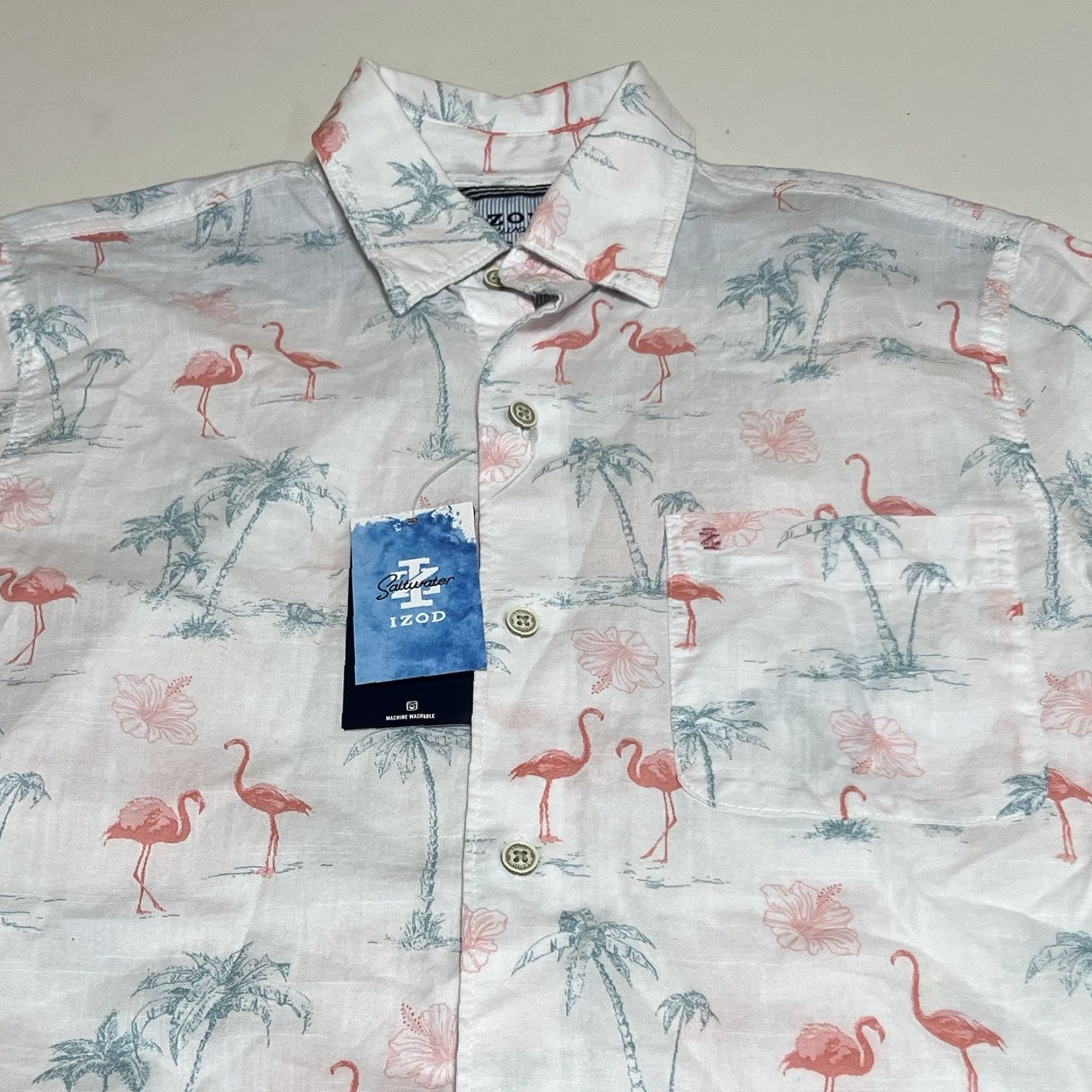 Izod Izod Saltwater Men's Small Hawaiian Shirt Dockside Chambray Flamingo Print NWT Size US S / EU 44-46 / 1 - 2 Thumbnail